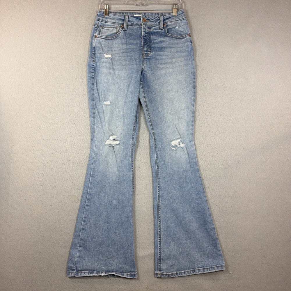 maurices Women's High Rise Flare Jeans Blue Medium Wash Distressed Denim Size 6